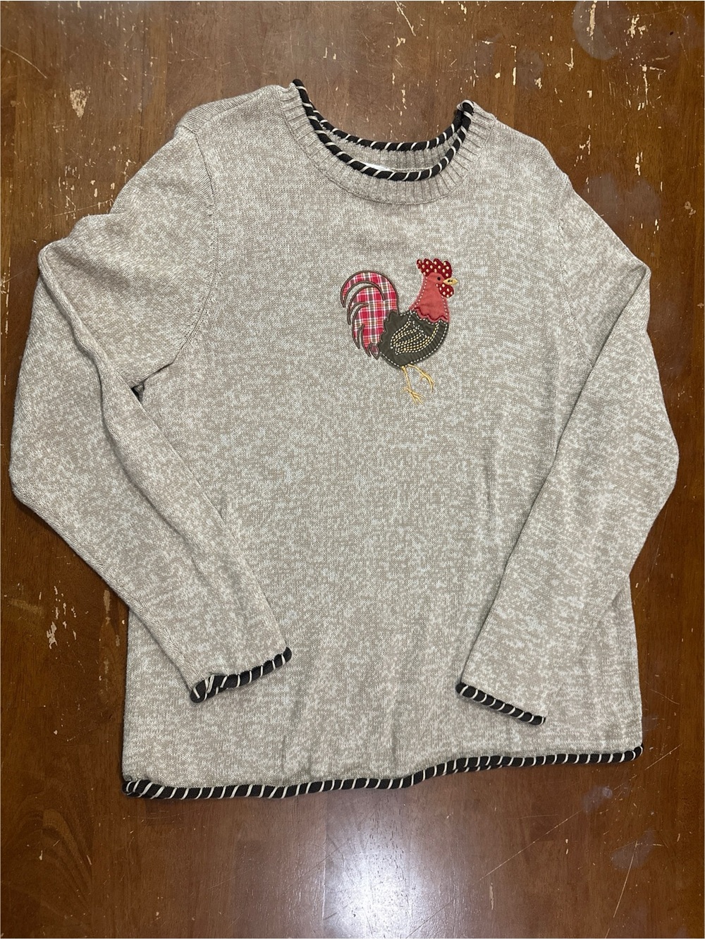 CJ Banks Beige Crewneck Sweater with Rooster Applique